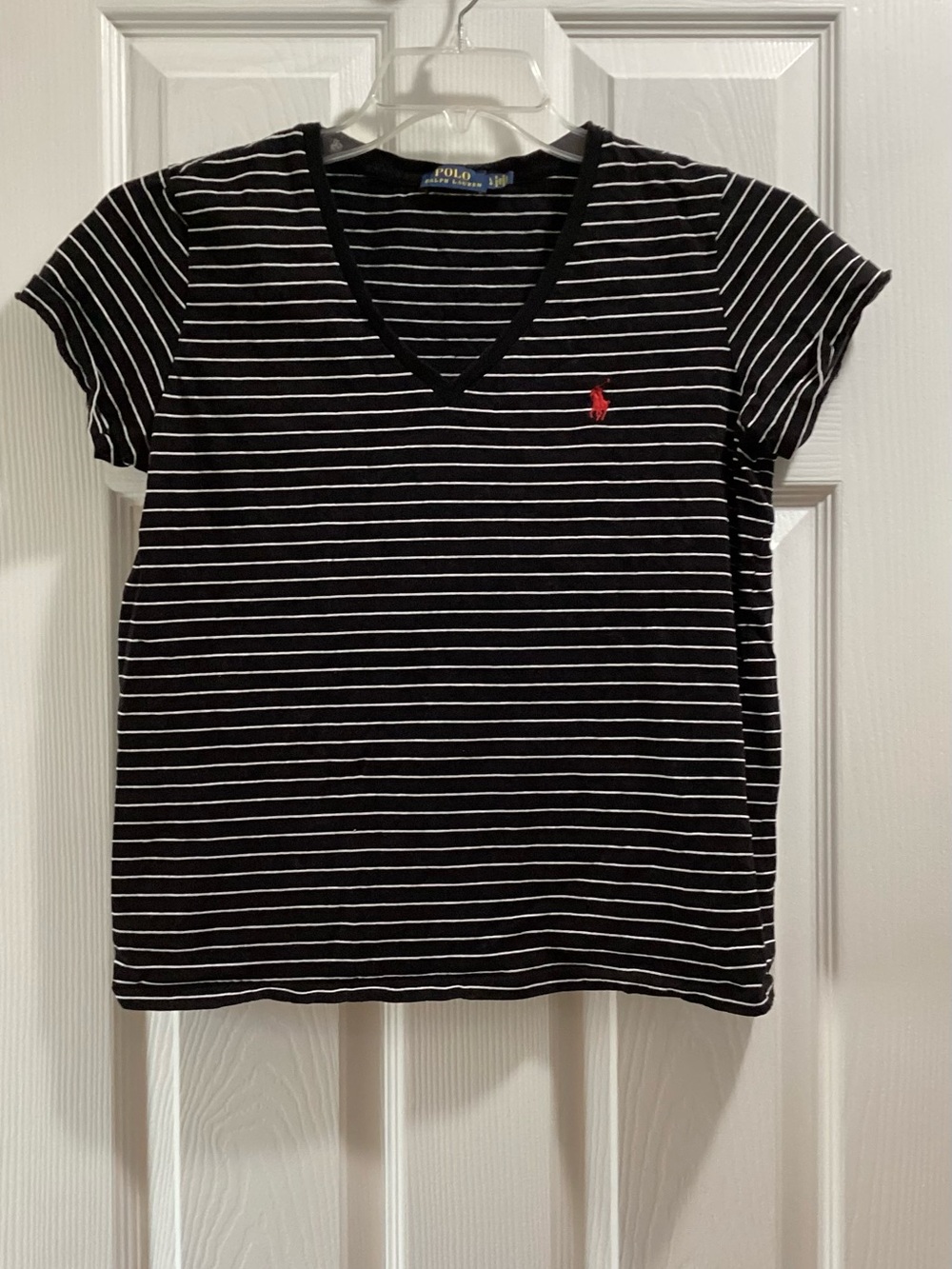 Ralph Lauren Black & White Striped V-Neck Tee with Red Pony